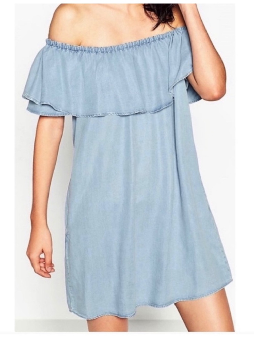 Zara Premium Light Blue denim Off-Shoulder Ruffle Dress